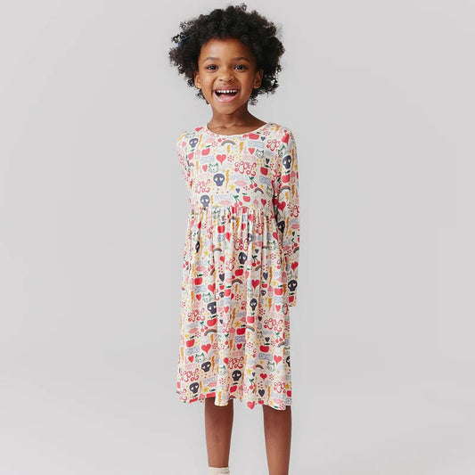 Girls Bamboo Steph Dress - Journal Doodle - Pink Chicken