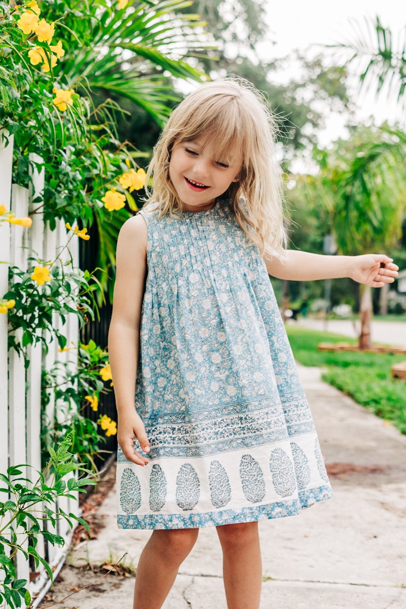 Girls Jaipur Dress - Light Blue Garden - Pink Chicken