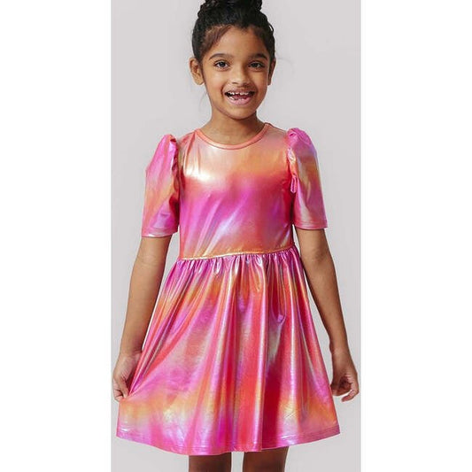 Girls Lame Laurie Dress - Rainbow Pink Lame - Pink Chicken