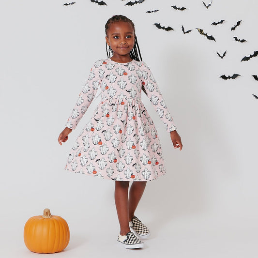 Girls Organic Long Sleeve Steph Dress - Boo - Pink Chicken