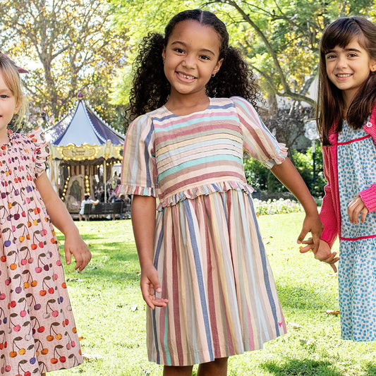 Girls Raquel Dress - Multi Vintage Stripe - Pink Chicken