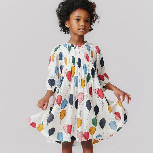 Girls Stevie Puff Sleeve Dress - Balloon Bunches - Pink Chicken