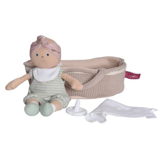 Knitted Carry Cot w/Remi Baby Light Skin, Soother & Blanket - Tikiri Toys
