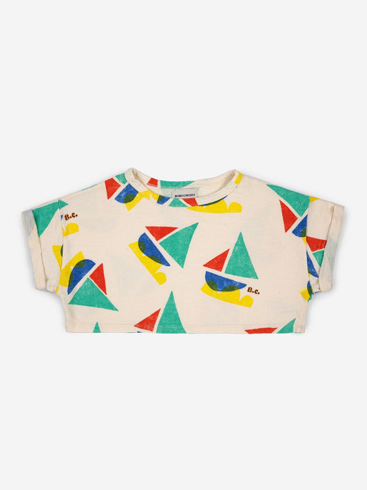 Multicolor Sail Boat All Over Cropped Sweatshirt - Bobo Choses