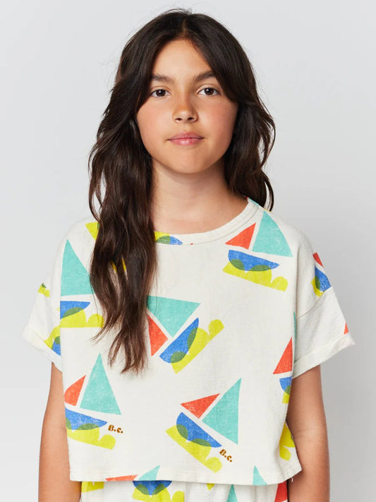 Multicolor Sail Boat All Over Cropped Sweatshirt - Bobo Choses